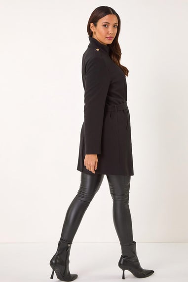 Roman Black Funnel Neck Buttoned Coat