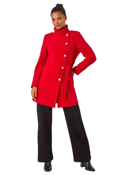 Roman Red Funnel Neck Buttoned Coat