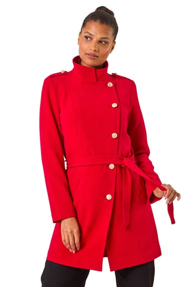 Roman Red Funnel Neck Buttoned Coat