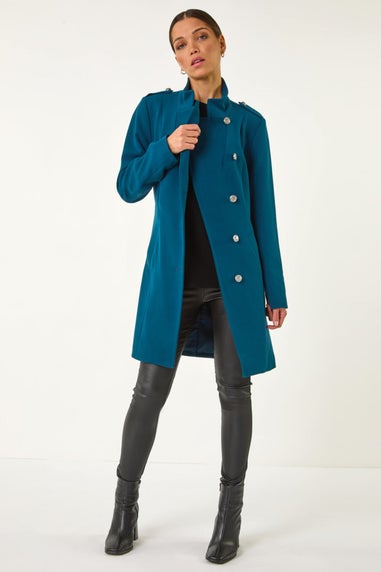 Roman Teal Funnel Neck Buttoned Coat