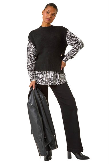Roman Black 2 In 1 Animal Print Knit Jumper