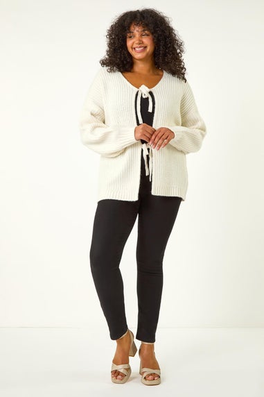 Roman Ivory Curve Bow Detail Knit Cardigan