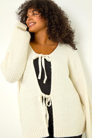 Roman Ivory Curve Bow Detail Knit Cardigan