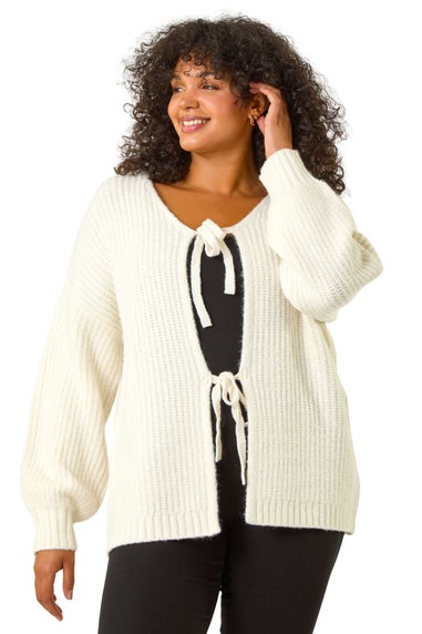 Roman Ivory Curve Bow Detail Knit Cardigan