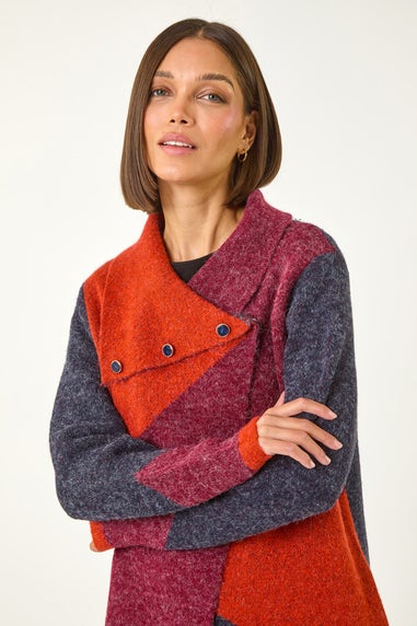 Roman Red Colour Block Button Collar Knit Cardigan