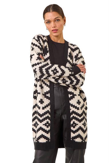 Roman Black Mono Geometric Pattern Knit Cardigan