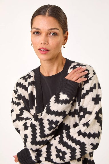 Roman Black Mono Geometric Pattern Knit Cardigan