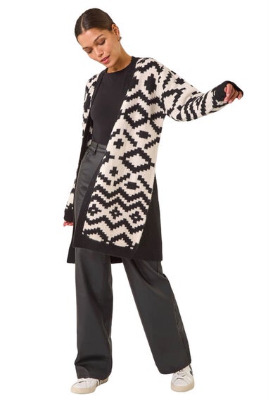 Roman Black Mono Geometric Pattern Knit Cardigan