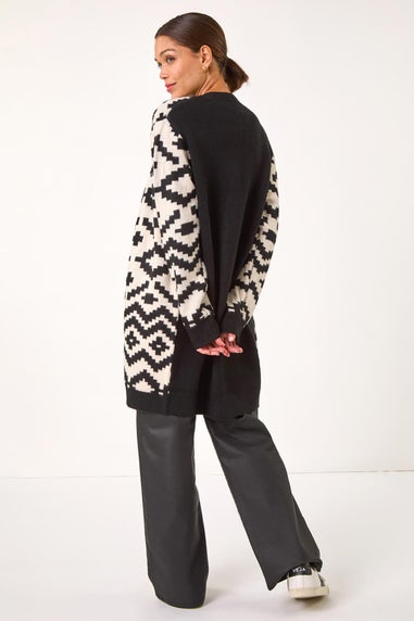 Roman Black Mono Geometric Pattern Knit Cardigan