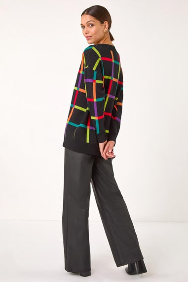 Roman Black Grid Pattern V-Neck Knit Jumper