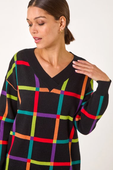 Roman Black Grid Pattern V-Neck Knit Jumper