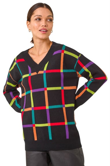 Roman Black Grid Pattern V-Neck Knit Jumper