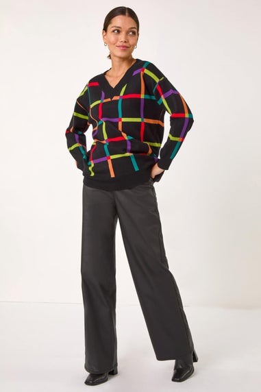 Roman Black Grid Pattern V-Neck Knit Jumper