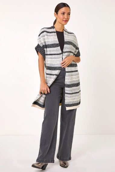 Roman Grey Striped Short Sleeve Knit Cardigan