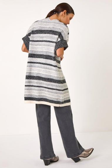 Roman Grey Striped Short Sleeve Knit Cardigan