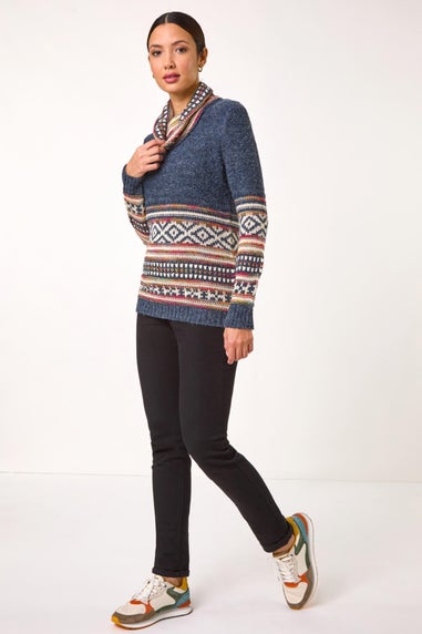 Roman Midnight Blue Abstract Print Roll Neck Knit Jumper