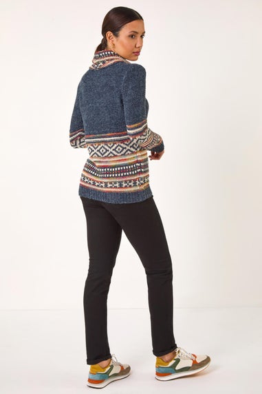 Roman Midnight Blue Abstract Print Roll Neck Knit Jumper