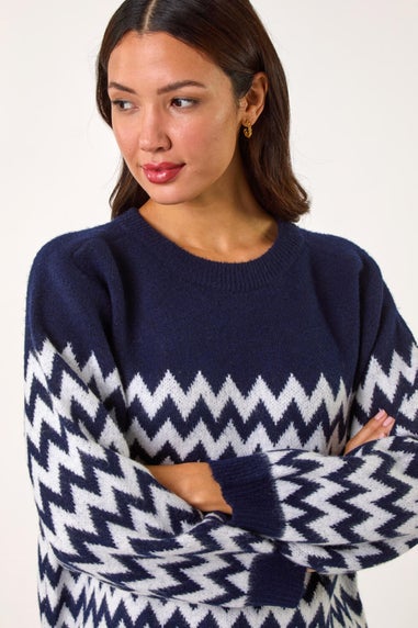 Roman Navy Zig Zag Knitted Jumper