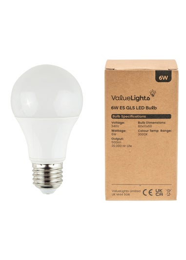 ValueLights 6 Pack E27 GLS LED 6W Warm White 3000K Light Bulbs (12.5cm x 6cm x 6cm)