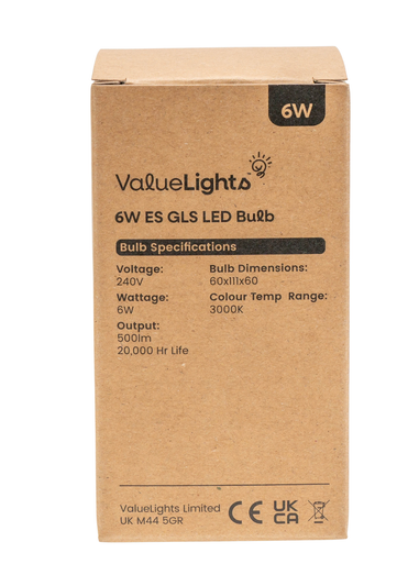 ValueLights 6 Pack E27 GLS LED 6W Warm White 3000K Light Bulbs (12.5cm x 6cm x 6cm)