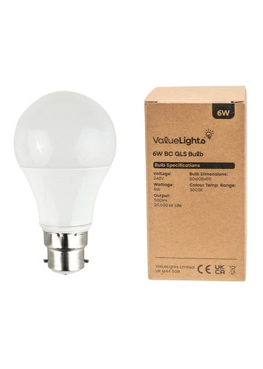 ValueLights 6 Pack B22 GLS LED 6W Warm White 3000K Light Bulbs (11.1cm)