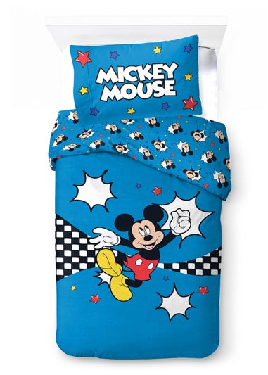 Disney Blue Mickey Mouse Checkerboard Polycotton Duvet Set