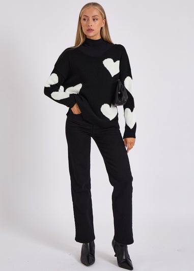 Gini London Black V Neck Oversized Heart Knit Jumper