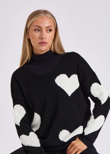 Gini London Black V Neck Oversized Heart Knit Jumper