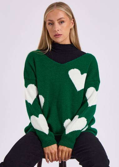 Gini London Green V Neck Oversized Heart Knit Jumper