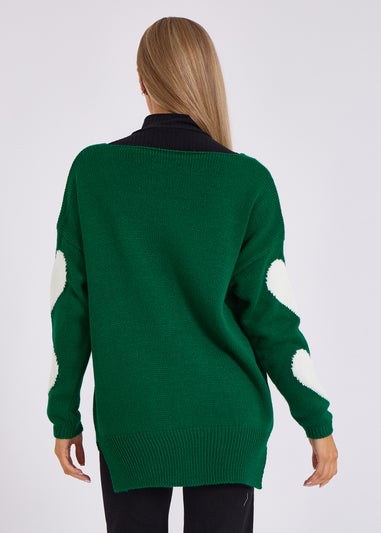 Gini London Green V Neck Oversized Heart Knit Jumper