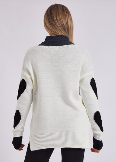 Gini London White V Neck Oversized Heart Knit Jumper