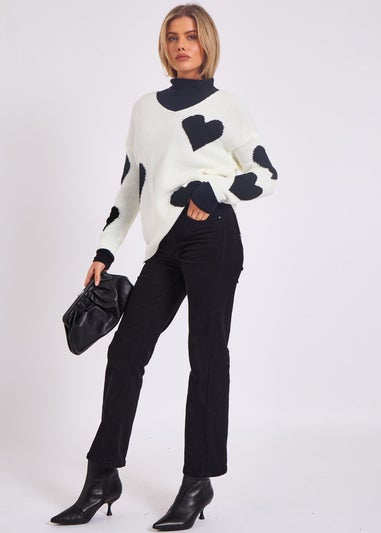 Gini London White V Neck Oversized Heart Knit Jumper