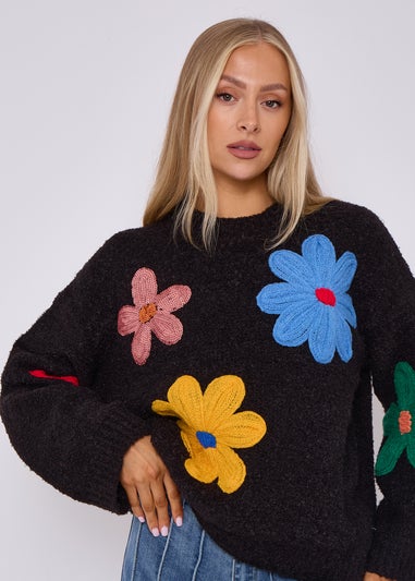 Gini London Black Floral Applique Oversized Jumper