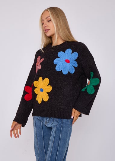 Gini London Black Floral Applique Oversized Jumper