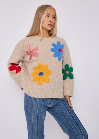 Gini London Beige Floral Applique Oversized Jumper