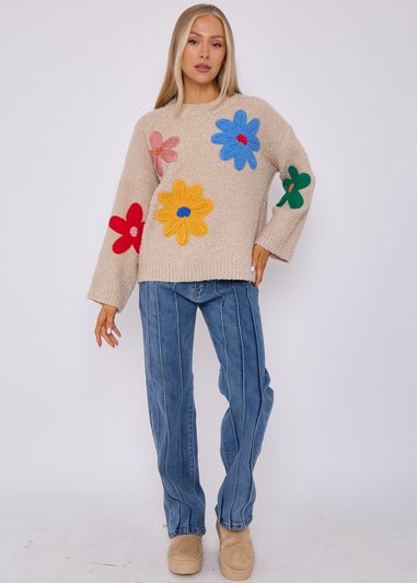 Gini London Beige Floral Applique Oversized Jumper