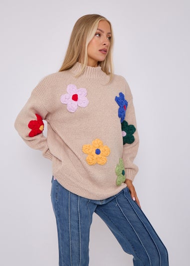 Gini London Beige Floral Appliqué High Neck Oversized Jumper