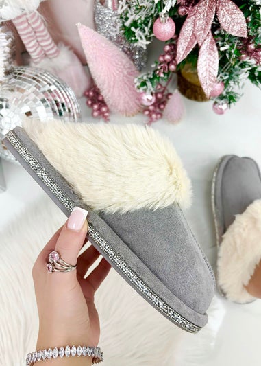 Love Lemonade Grey Crystal Trim Cosy Slippers