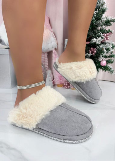 Love Lemonade Grey Crystal Trim Cosy Slippers