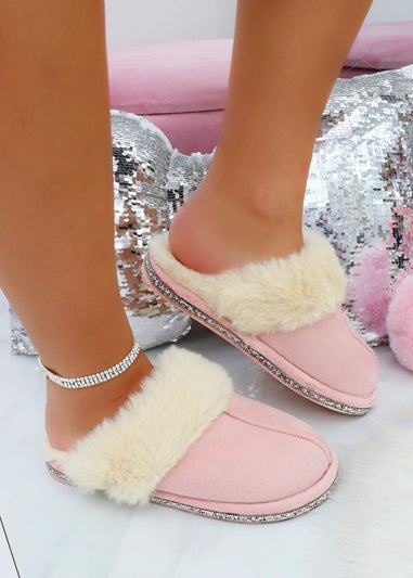 Love Lemonade Pink Crystal Trim Cosy Slippers