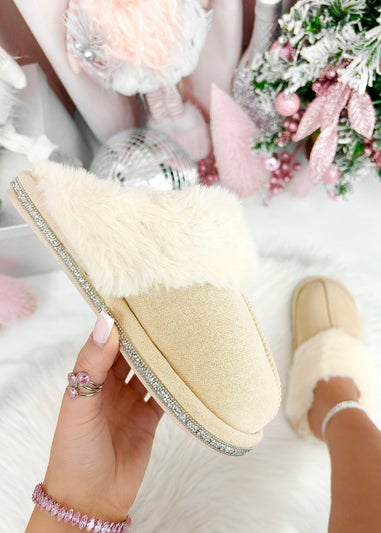 Love Lemonade Beige Crystal Trim Cosy Slippers