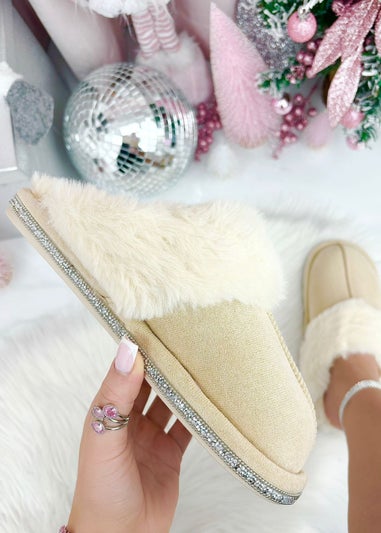 Love Lemonade Beige Crystal Trim Cosy Slippers