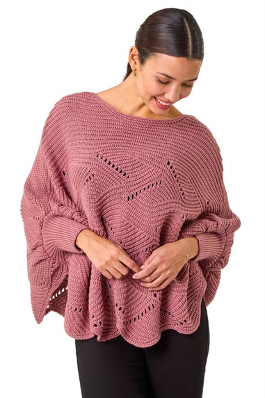 Roman Pink Pointelle Detail Knit Poncho