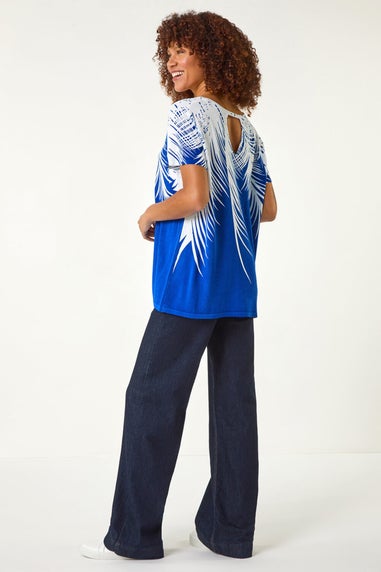Roman Ink Blue Palm Leaf Print Crew Neck Tee