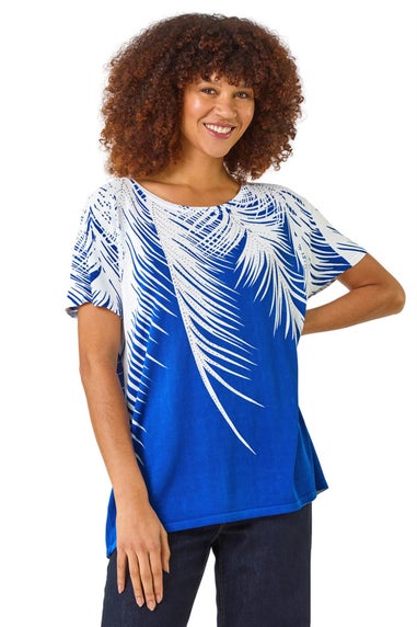 Roman Ink Blue Palm Leaf Print Crew Neck Tee