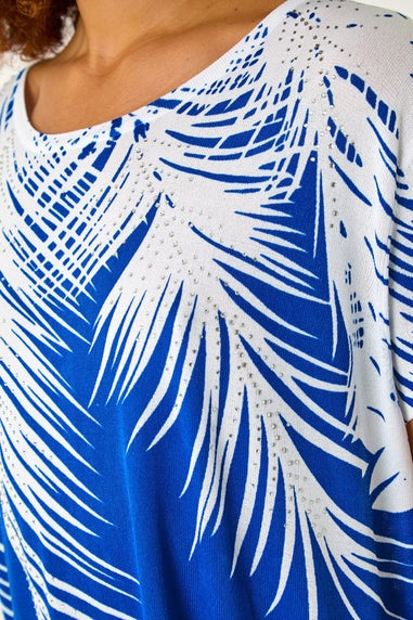 Roman Ink Blue Palm Leaf Print Crew Neck Tee