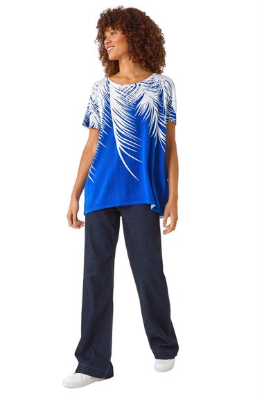 Roman Ink Blue Palm Leaf Print Crew Neck Tee