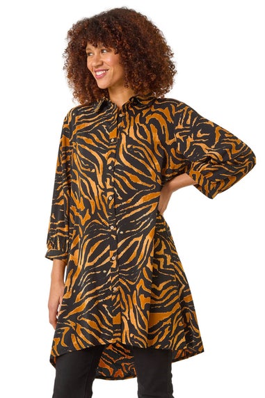 Roman Tan Animal Print V-Neck Longline Blouse