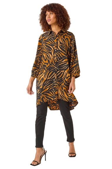 Roman Tan Animal Print V-Neck Longline Blouse