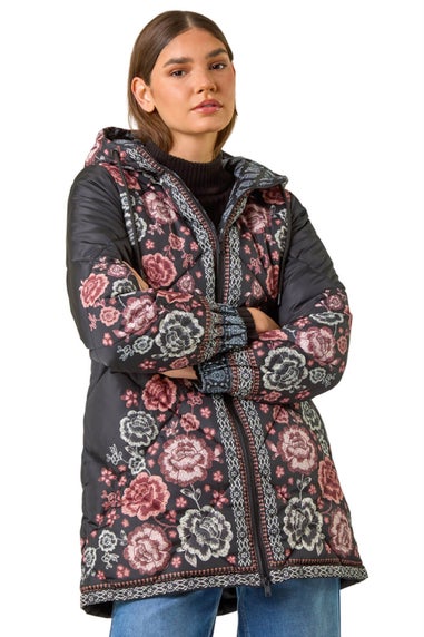 Roman Black Floral Print Quilted Hooded Coat